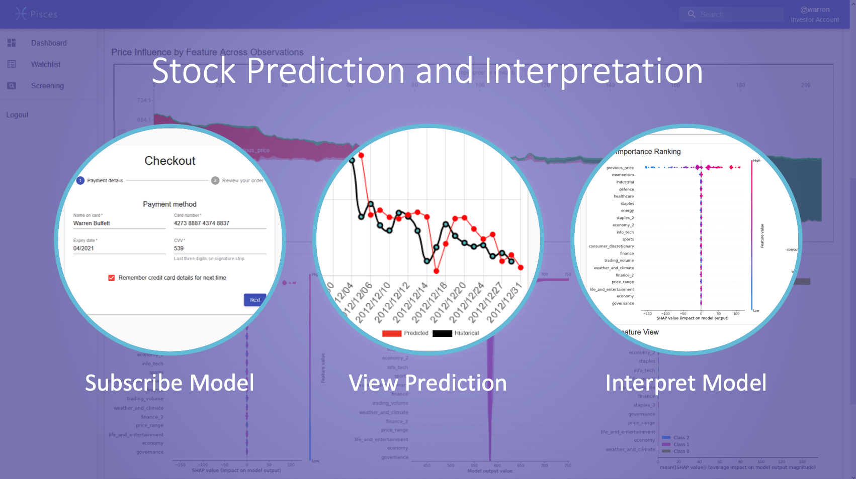 The team’s prototype of Pisces (above and below), a platform they developed to help investors make informed investment decisions using explainable AI techniques and blockchain technologies.