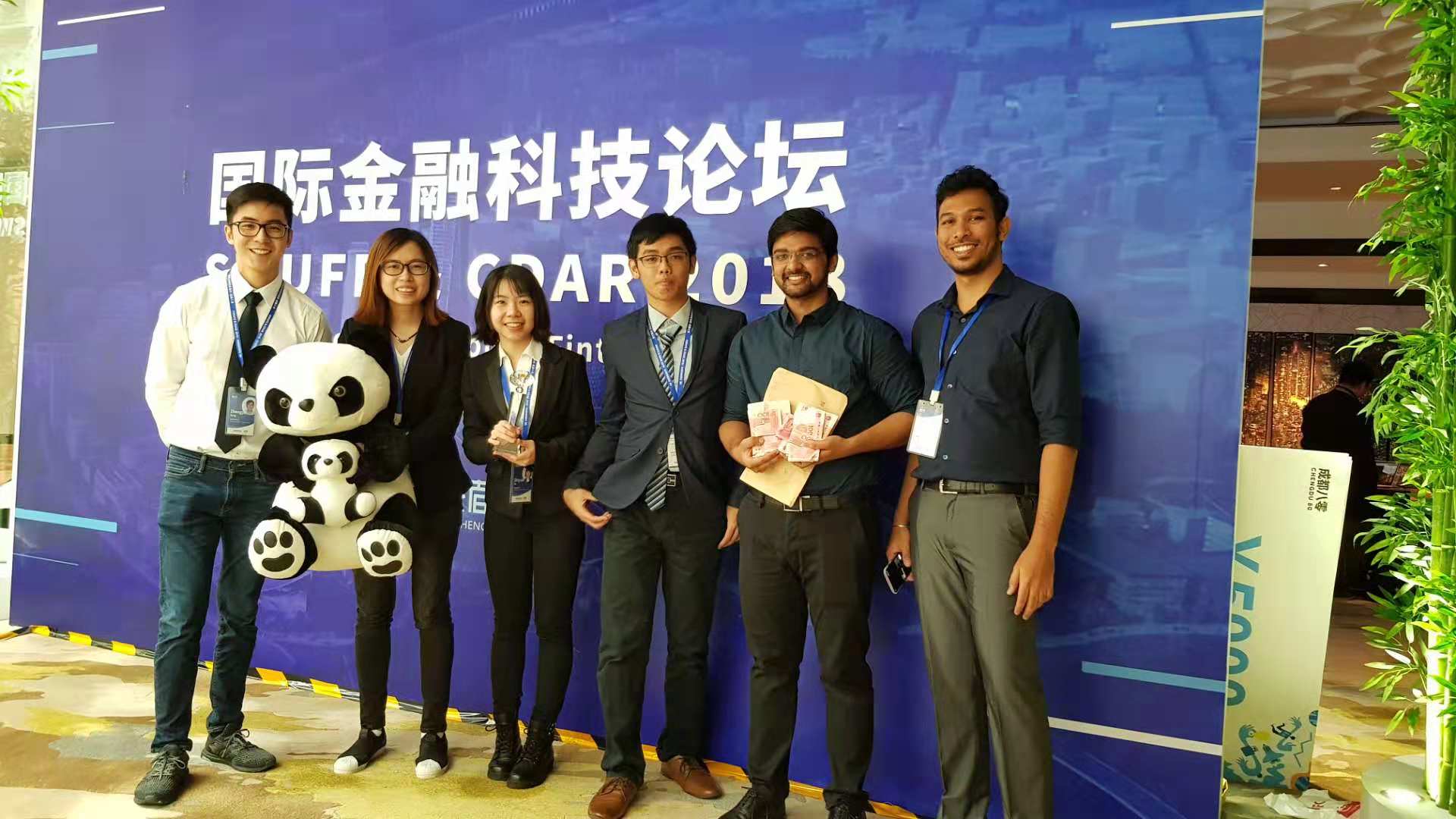 From left: Sung Zheng Jie, Yi Suqin, He Shiyuan, Steven Tseng, Shivam Bansal and Ganeshkumar Sundararaj at Chengdu 80 FinTech Design and Development competition .